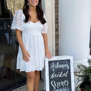 Lizard Thicket Bubble Sleeve White Smocked Lace Dress